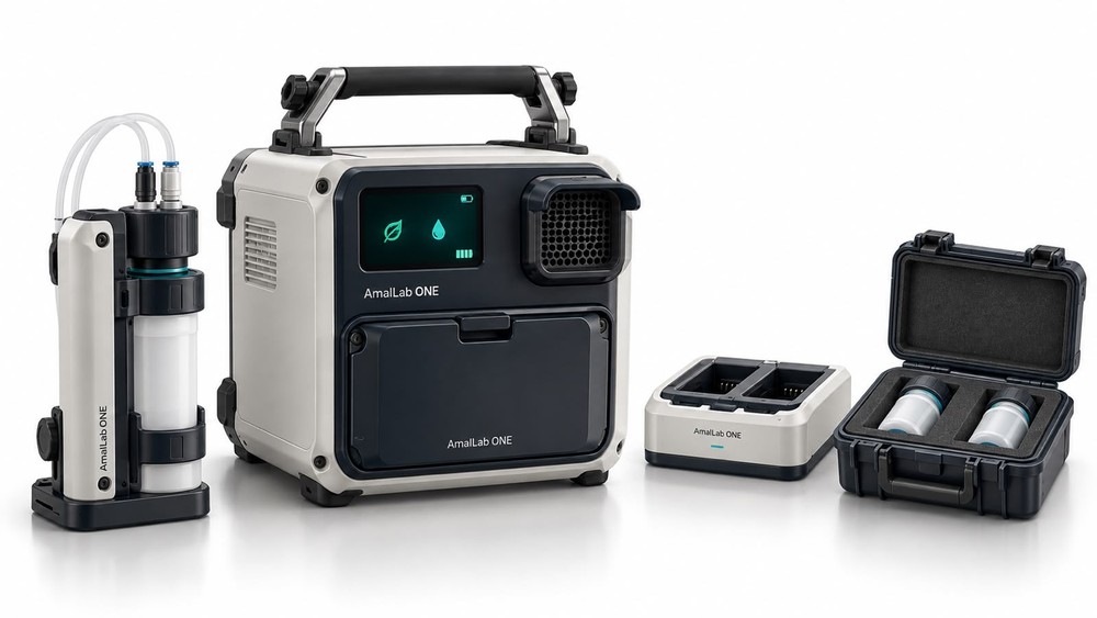 AmalLab ONE concept rendering showing the portable sampling station, future Aqua module, charging dock and sealed sample cartridges.